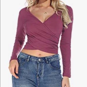 Women Sexy Deep V Neck Shirts Long Sleeve Blouses Slim Fit Wrap Crop Top